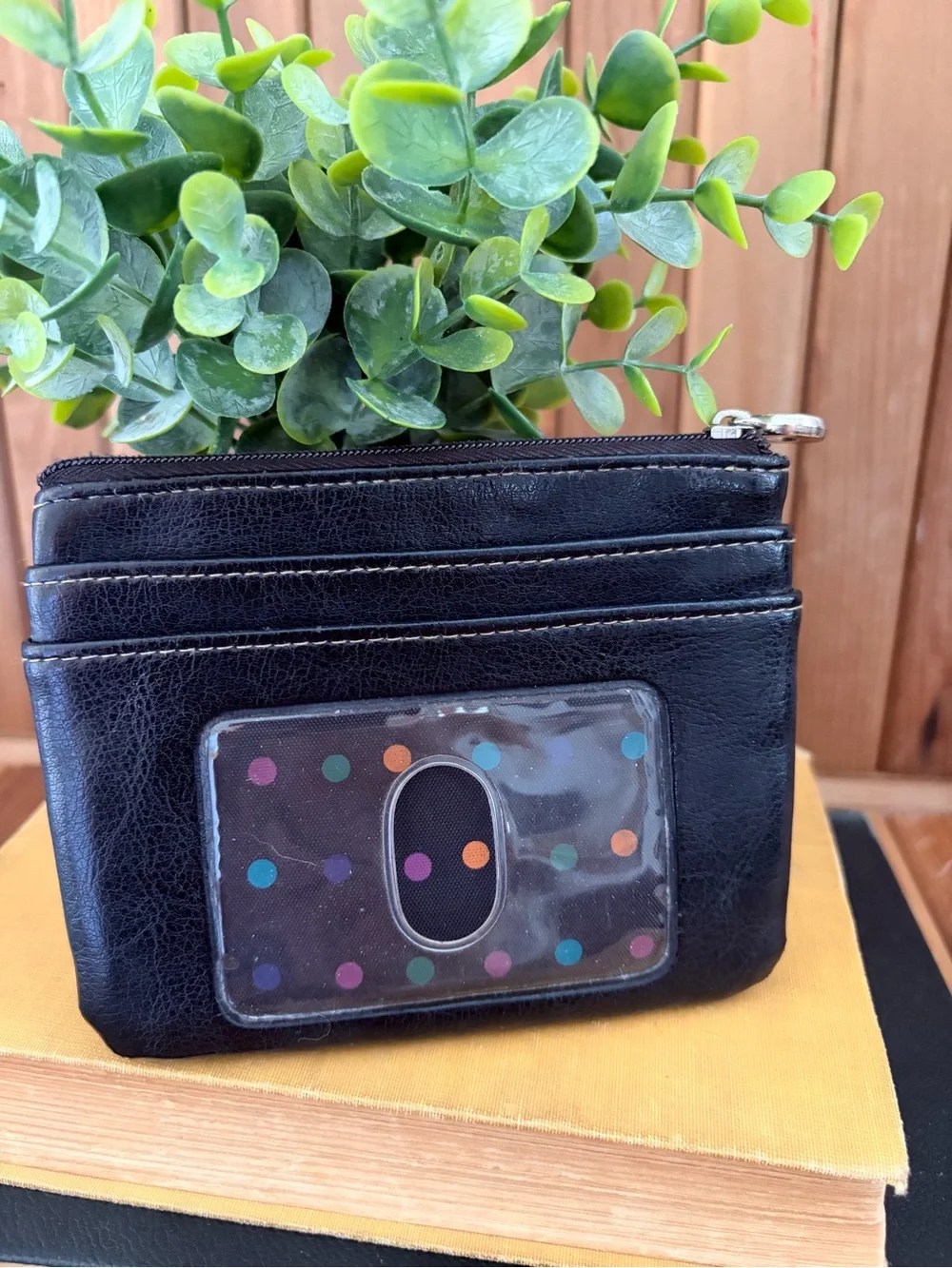 Black Leather Card Wallet with Polka Dot Lining & ID Window,Removable Key Pocket